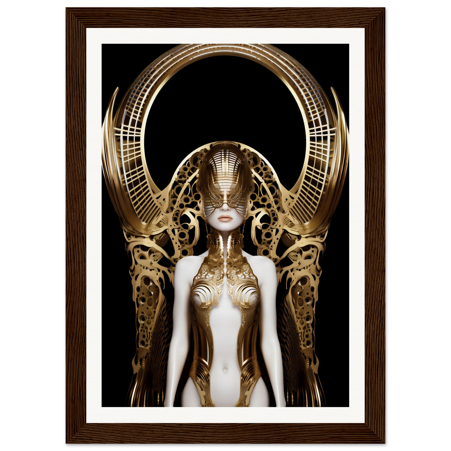 Futuristic female figure with an elaborate golden headdress and metallic body armor.