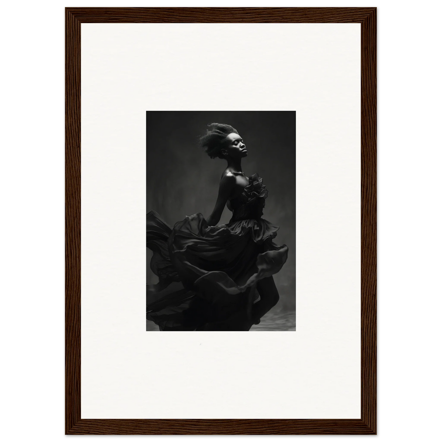 Black and white silhouette of a figure in a ruffled dress from Veiled Nigretto Whispers