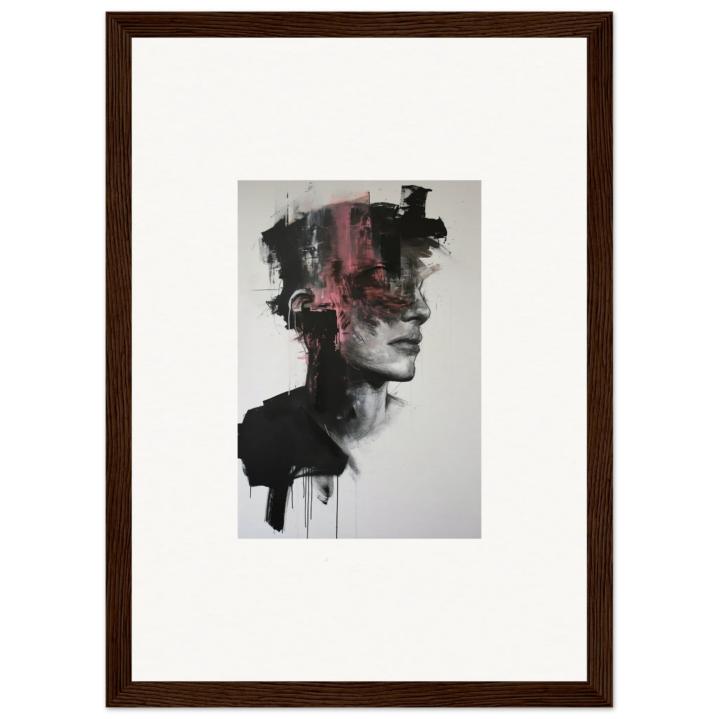 Abstract portrait with black and pink brushstrokes on Fragmented Psyche Canvas