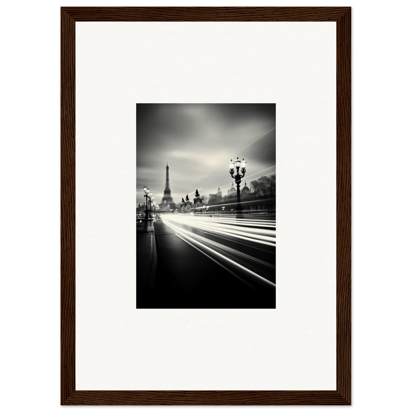 Black and white Eiffel Tower photo with light trails, perfect for framed wall art