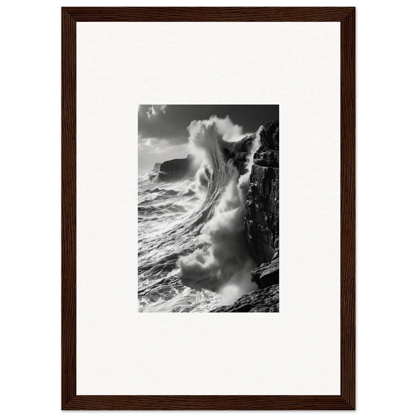 Powerful ocean wave crashing on cliffs in Tidal Curved Reality framed wall art