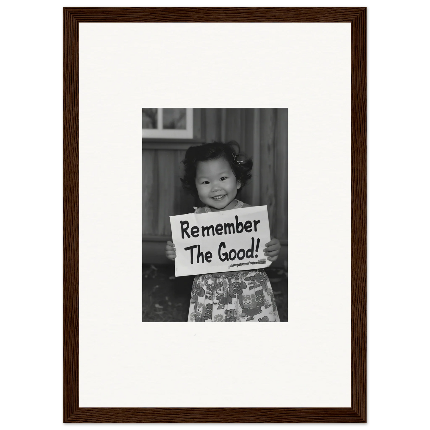 Child holding a sign that says Remember The Good in Essence Savor Whispers framed wall art