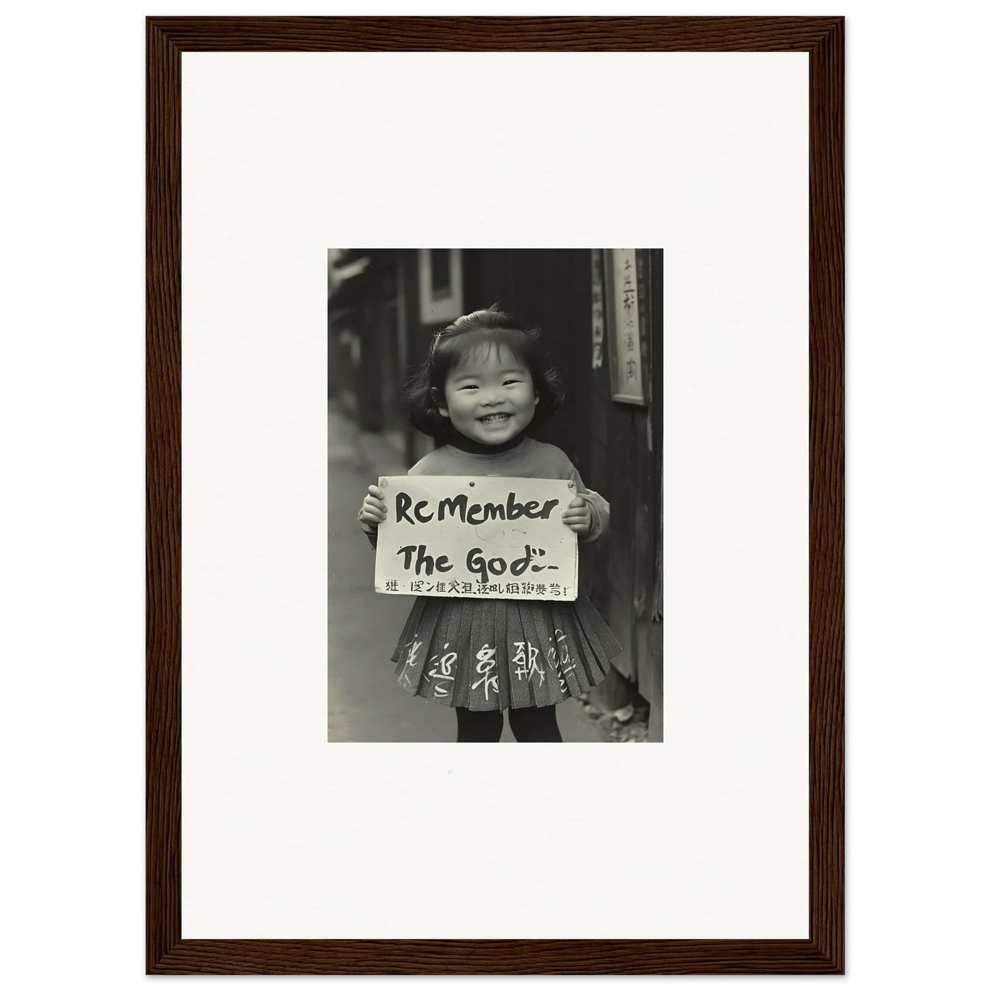 Black and white framed wall art of a child holding a sign for Sacred Smile Echoes