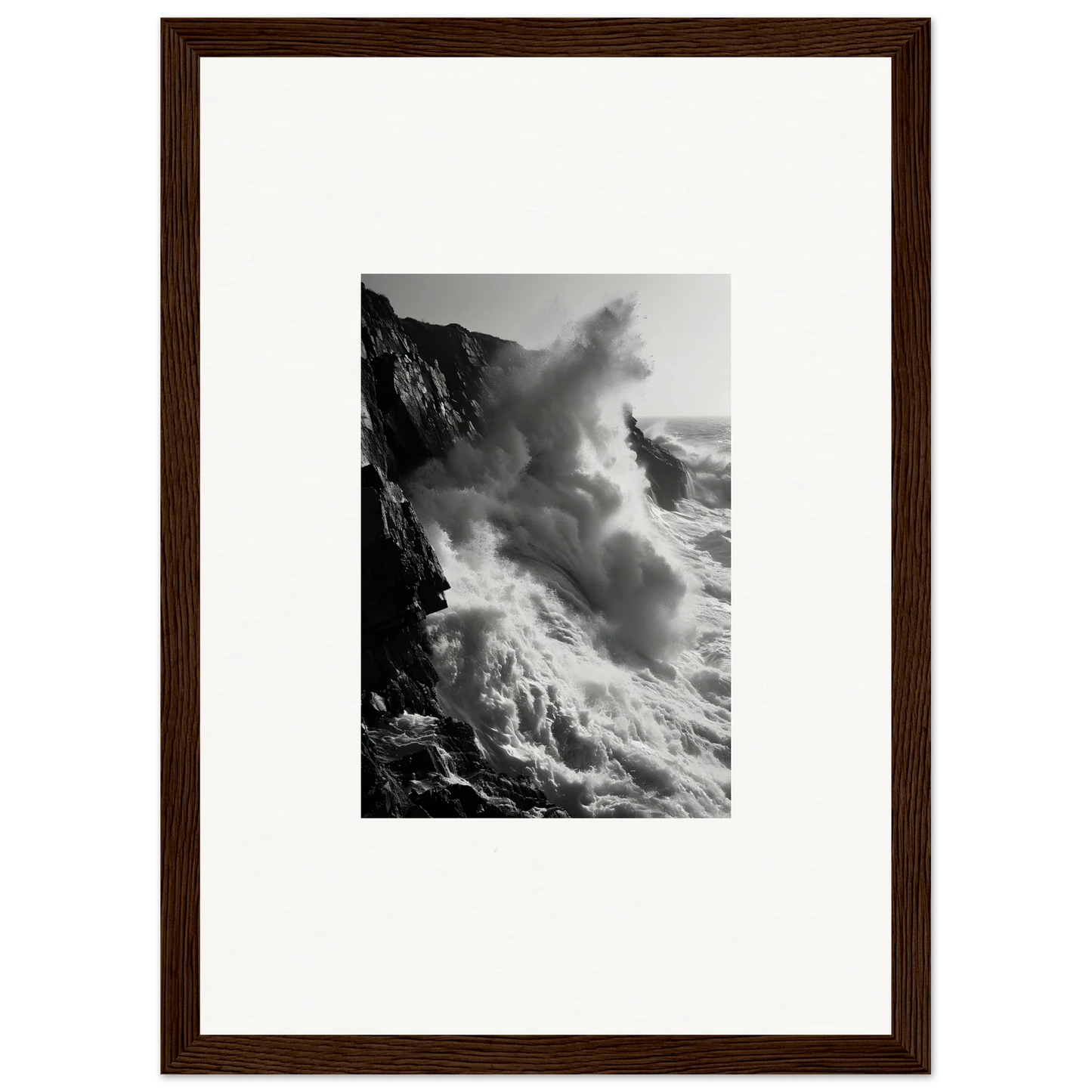 Powerful ocean waves crashing on cliffs in Ephemeral Echoes Surge framed wall art