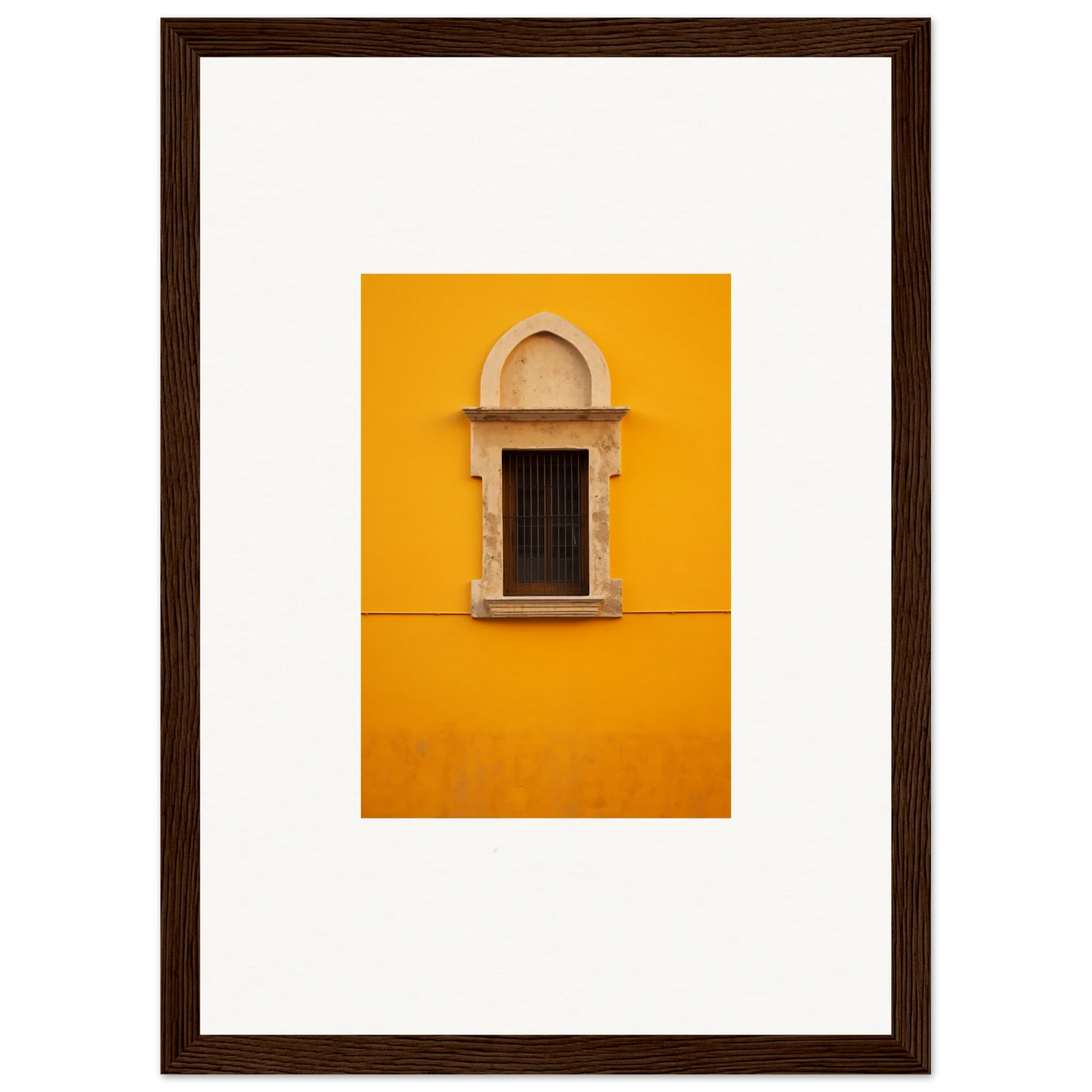 Ornate window with stone trim on a bright yellow wall, perfect for the Golden Correspondence Portal