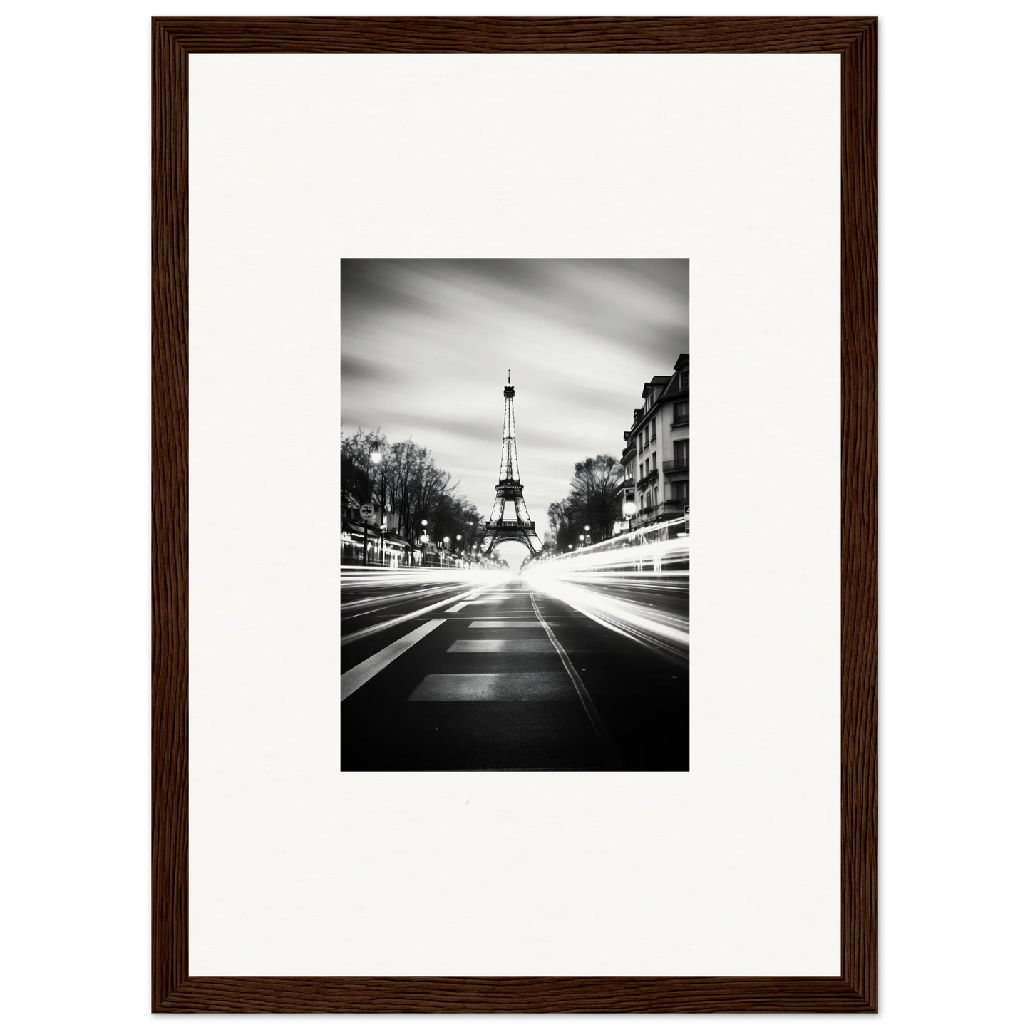 Black and white Eiffel Tower photo from street, perfect for Synth Wave Elysium art