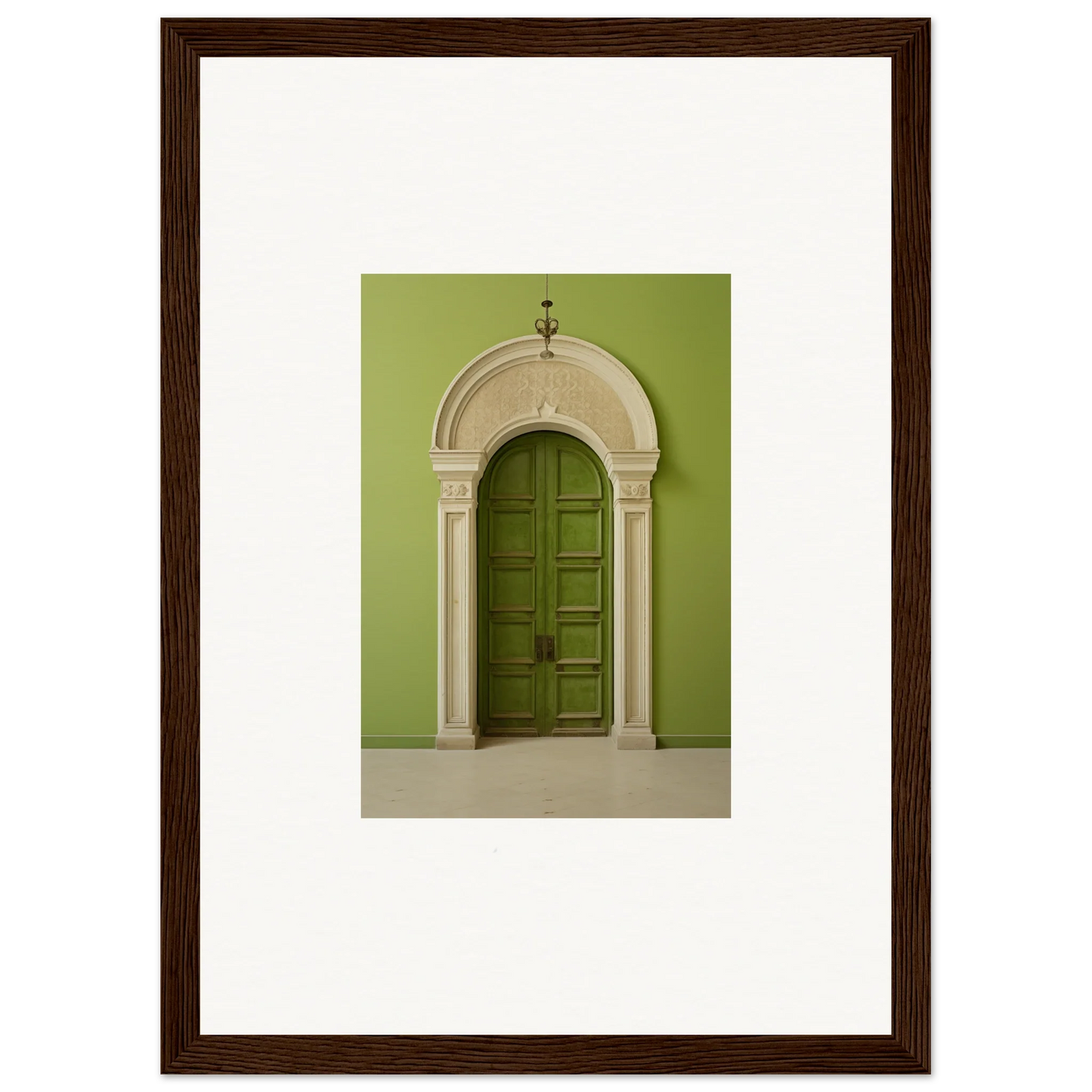 Elegant arched green door with ornate white stone surround in Verdant Luminary Portal art