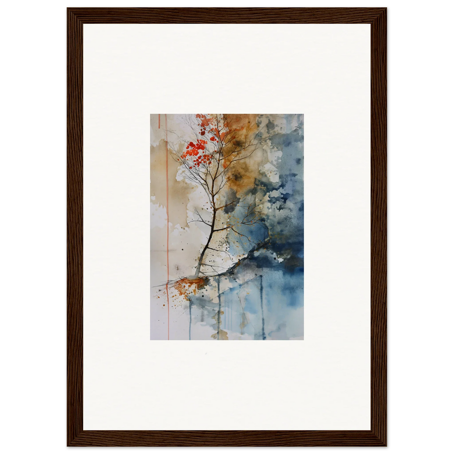 Framed watercolor wall art of a tree branch with red leaves for cozy room decoration