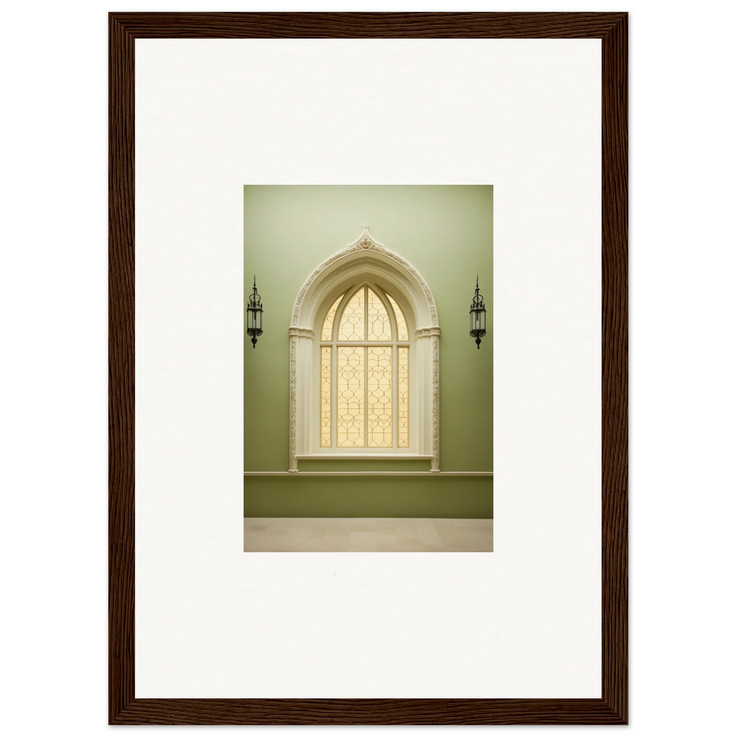 Arched window with lanterns beside Opalescent Tranquility Dwelling art piece