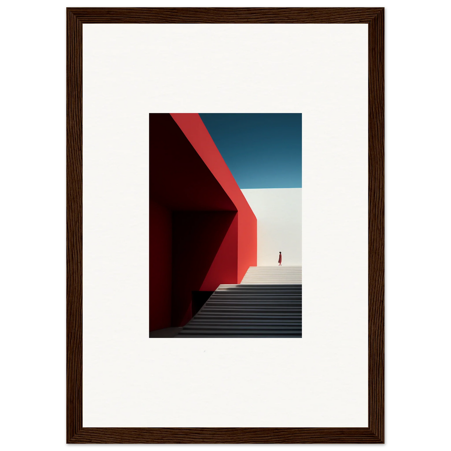 Framed wall art of minimalist architecture in Mesa Quizzes Cascades featuring red walls