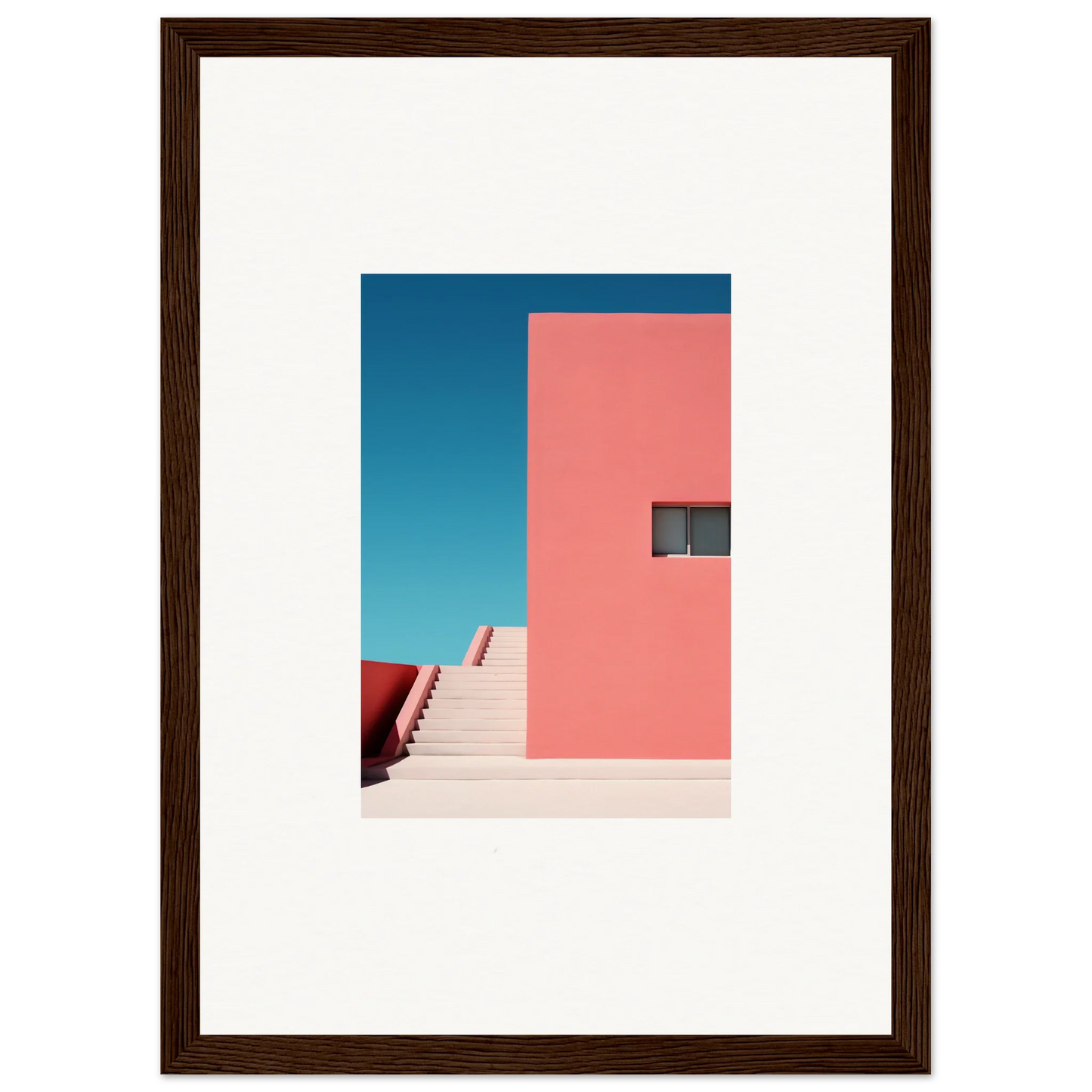 Pink architectural wall with stairs under a blue sky in Cerulean Dream Ickles framed wall art