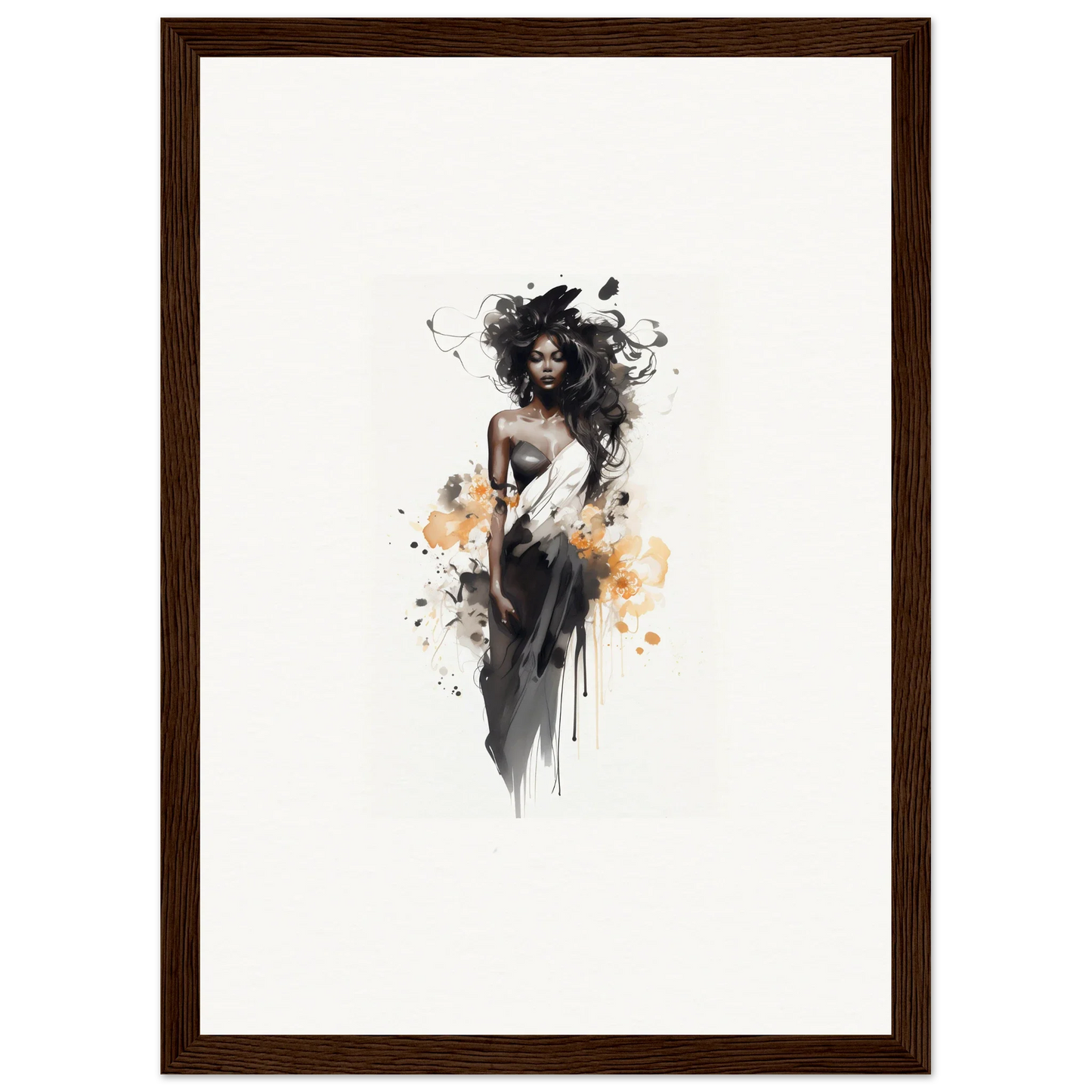 Artistic watercolor of a graceful figure in a black dress from Harlequin Suns Wash