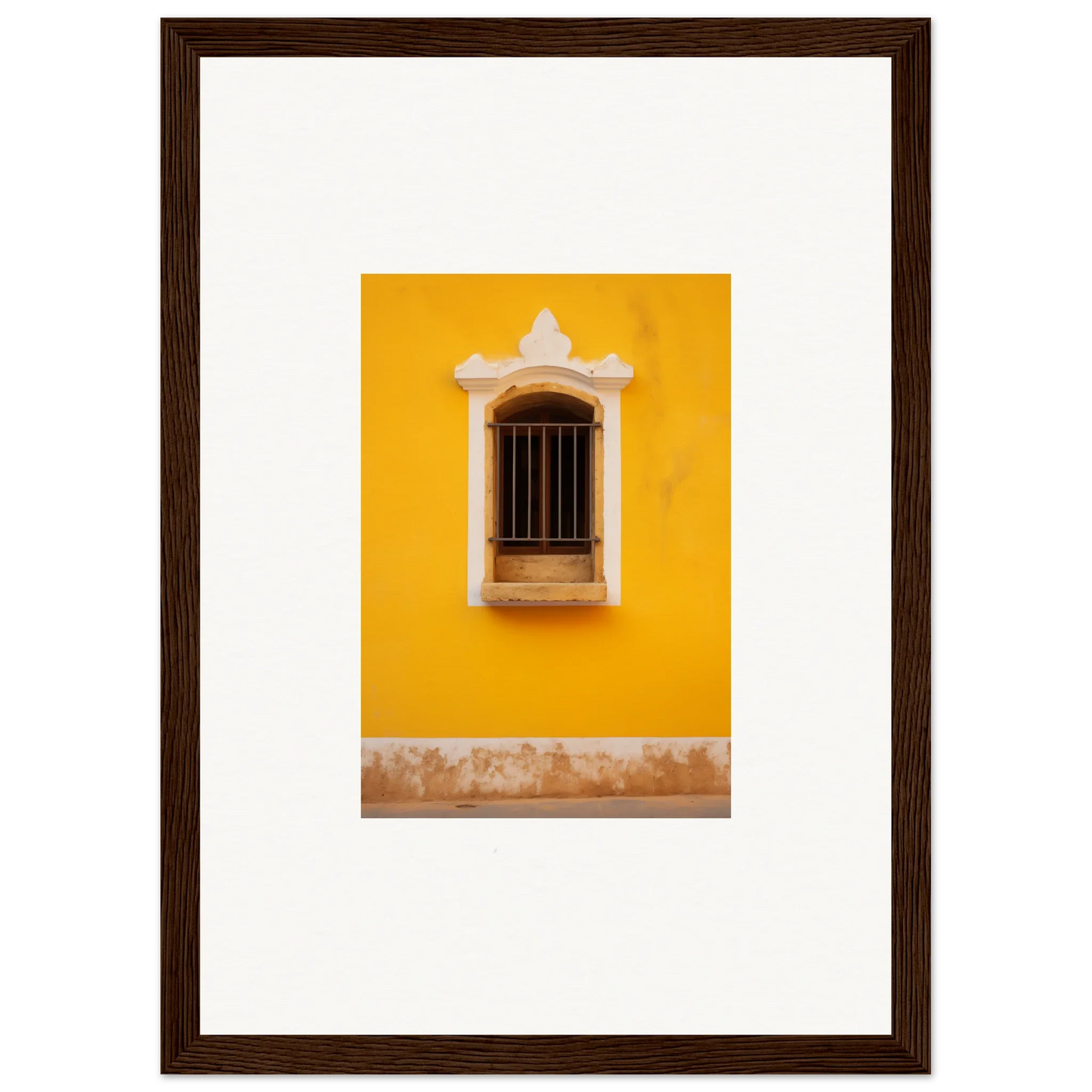 Colorful ornate window with metal bars on Daisy Dreamgate Portal bright yellow wall