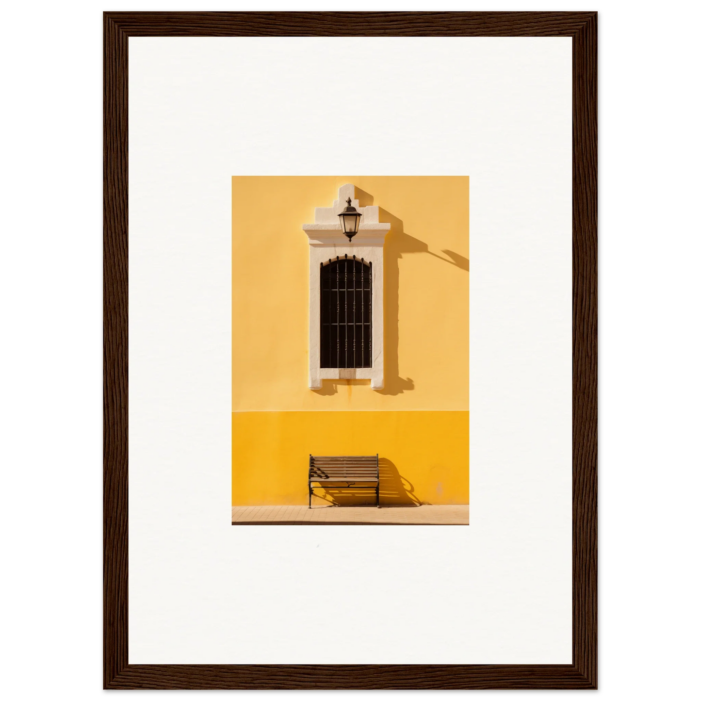 Framed photograph of a bright yellow wall with window and bench, Six-light Cult Optionsky