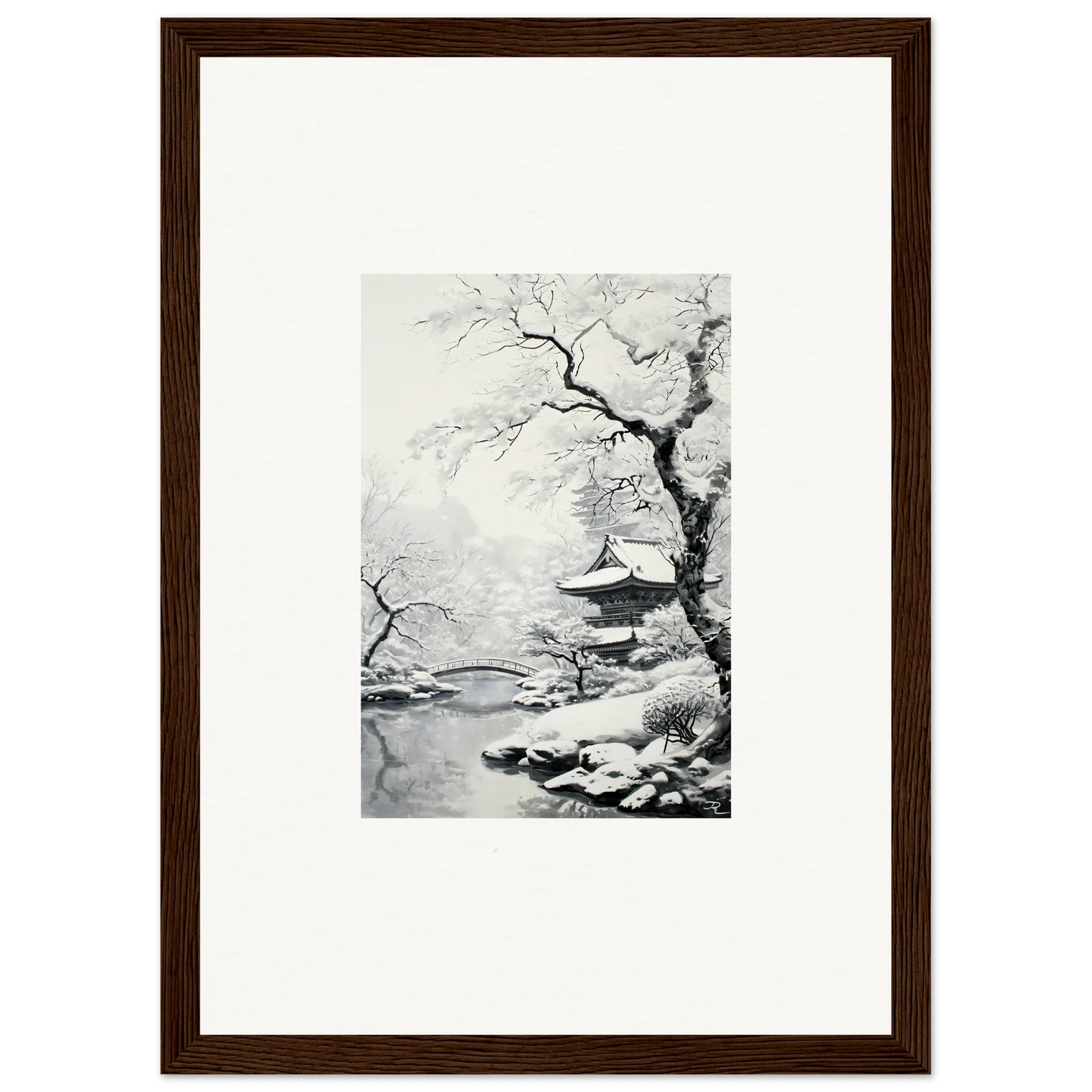 Framed black and white art of a pagoda with snowy trees for Winter Embrace Whisper