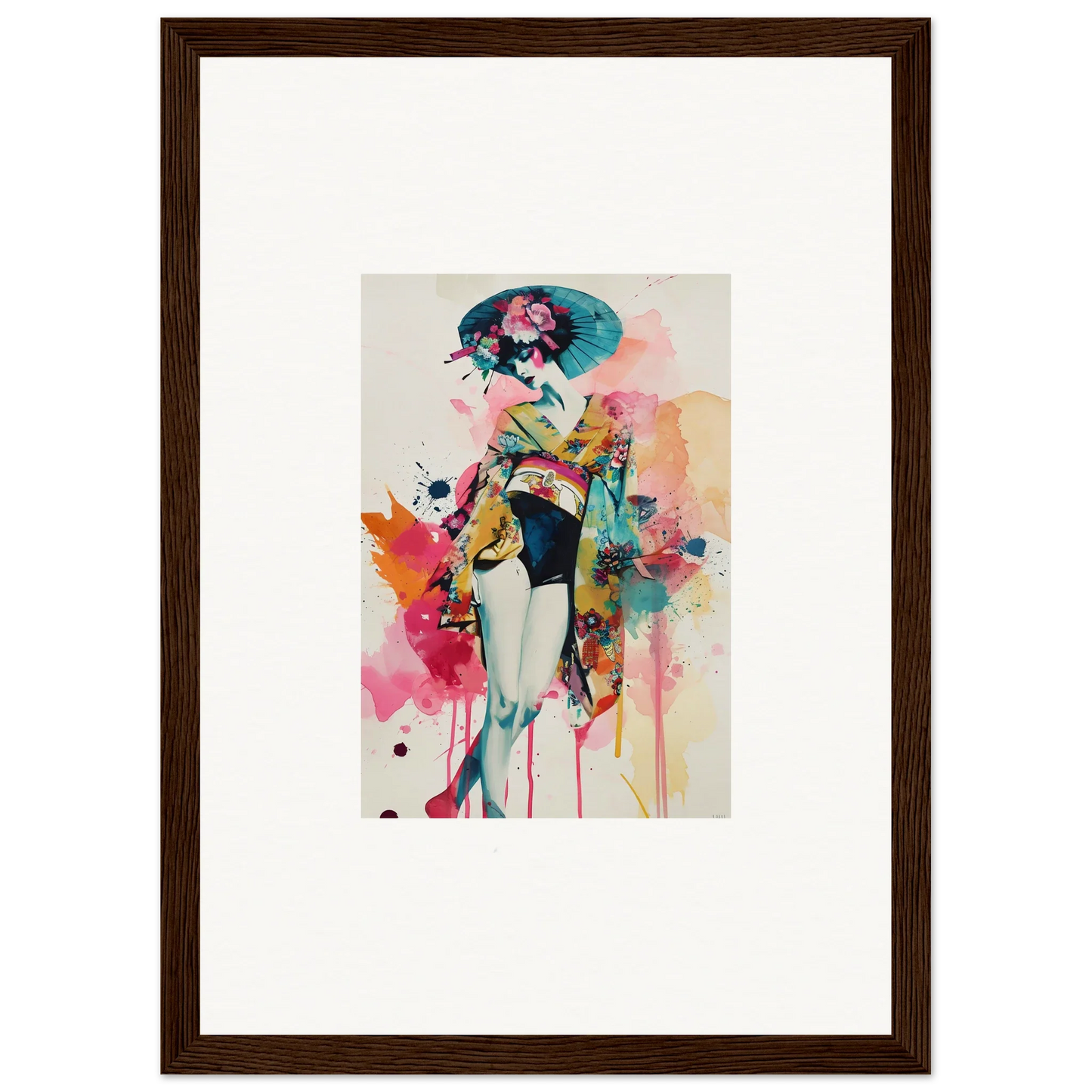 Colorful watercolor geisha canvas print for vibrant room decoration and stylish wall art