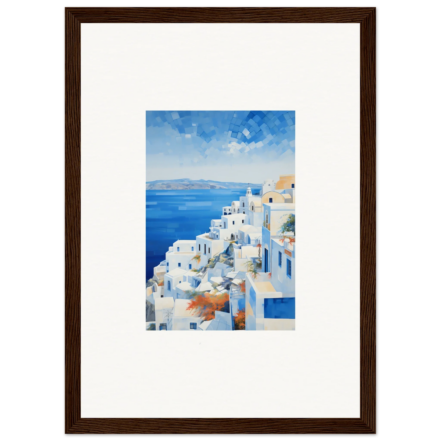 Framed wall art of Santorini’s white buildings in Ethereal Azure Echoes design