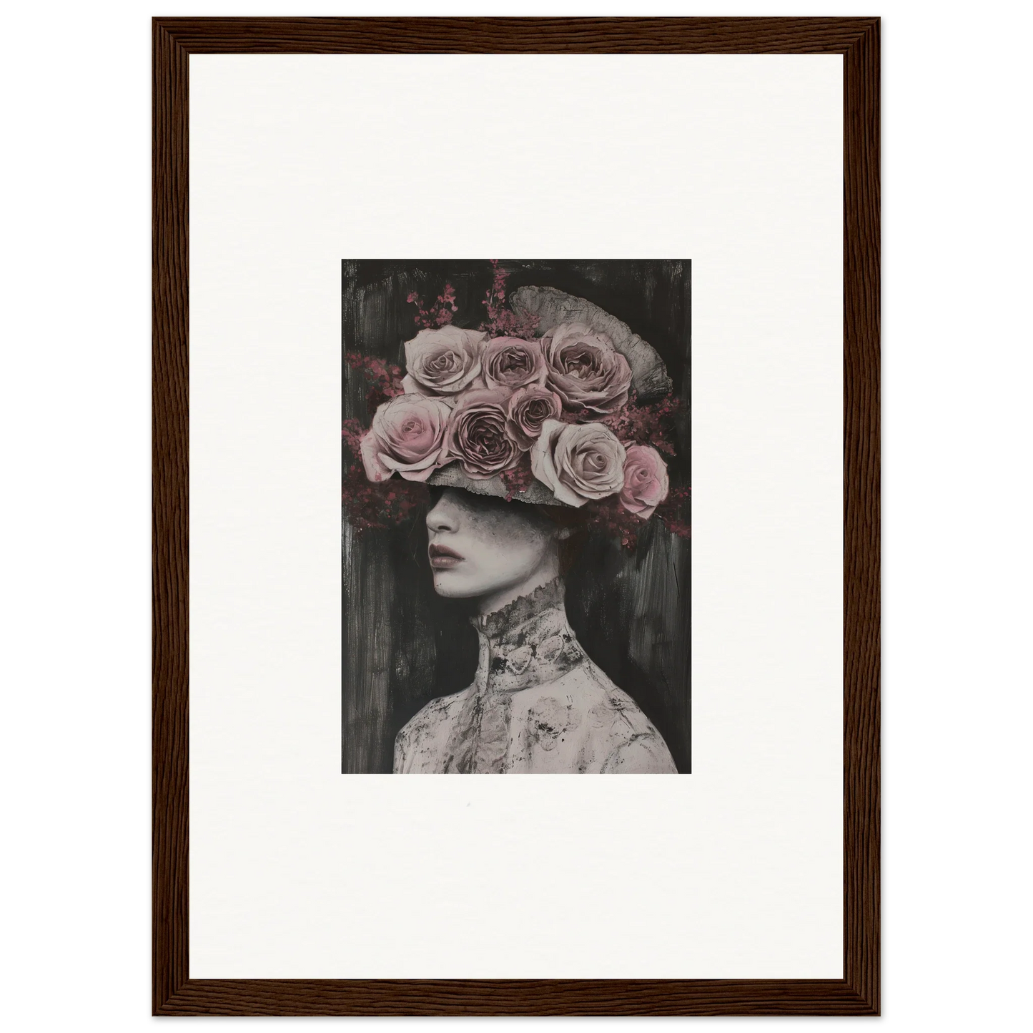 Black and white photo of Floral Odyssey Veil with a hat made of pink roses