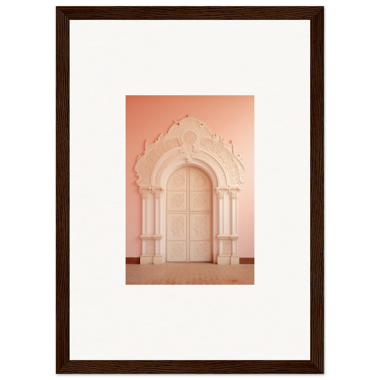 Ornate arched doorway in pink hues from Patio Reverie Sleutelenv framed wall art