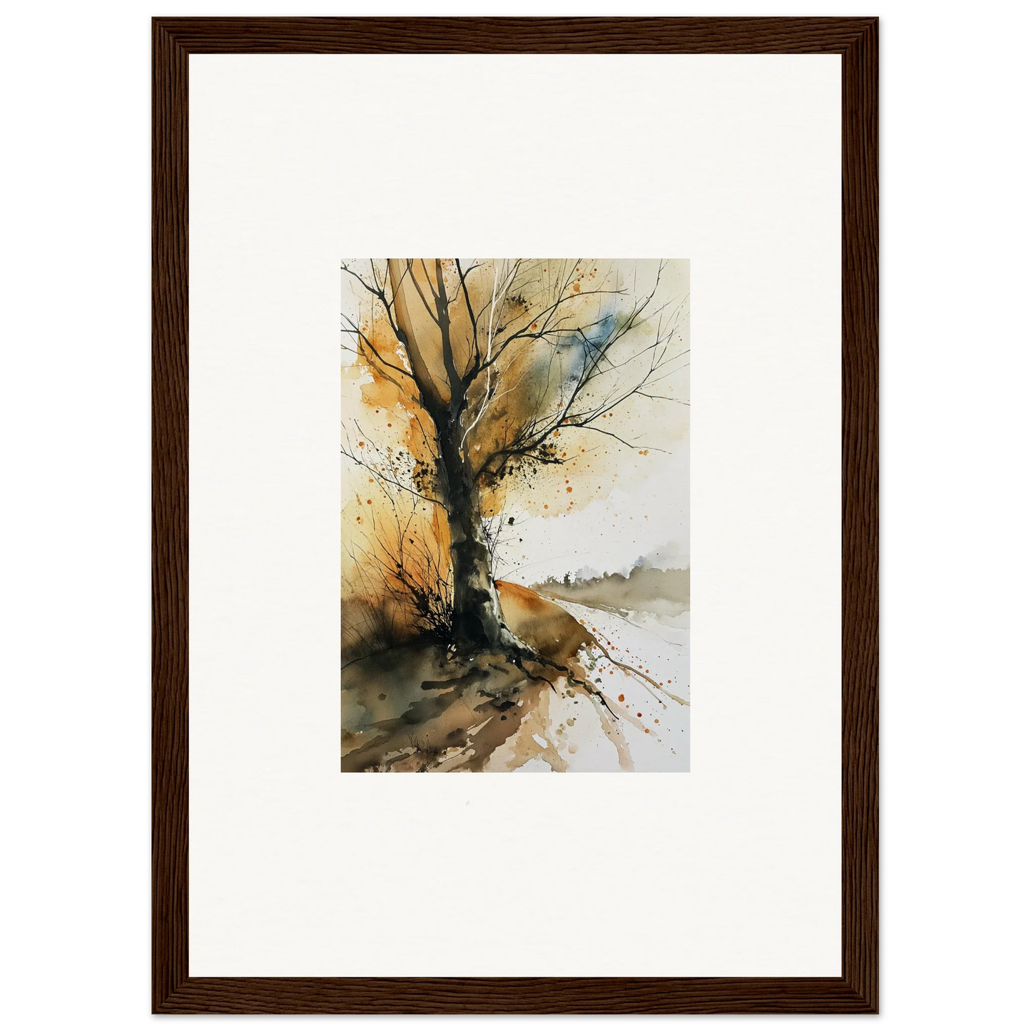 Framed watercolor wall art of a bare tree in autumn colors for room decoration