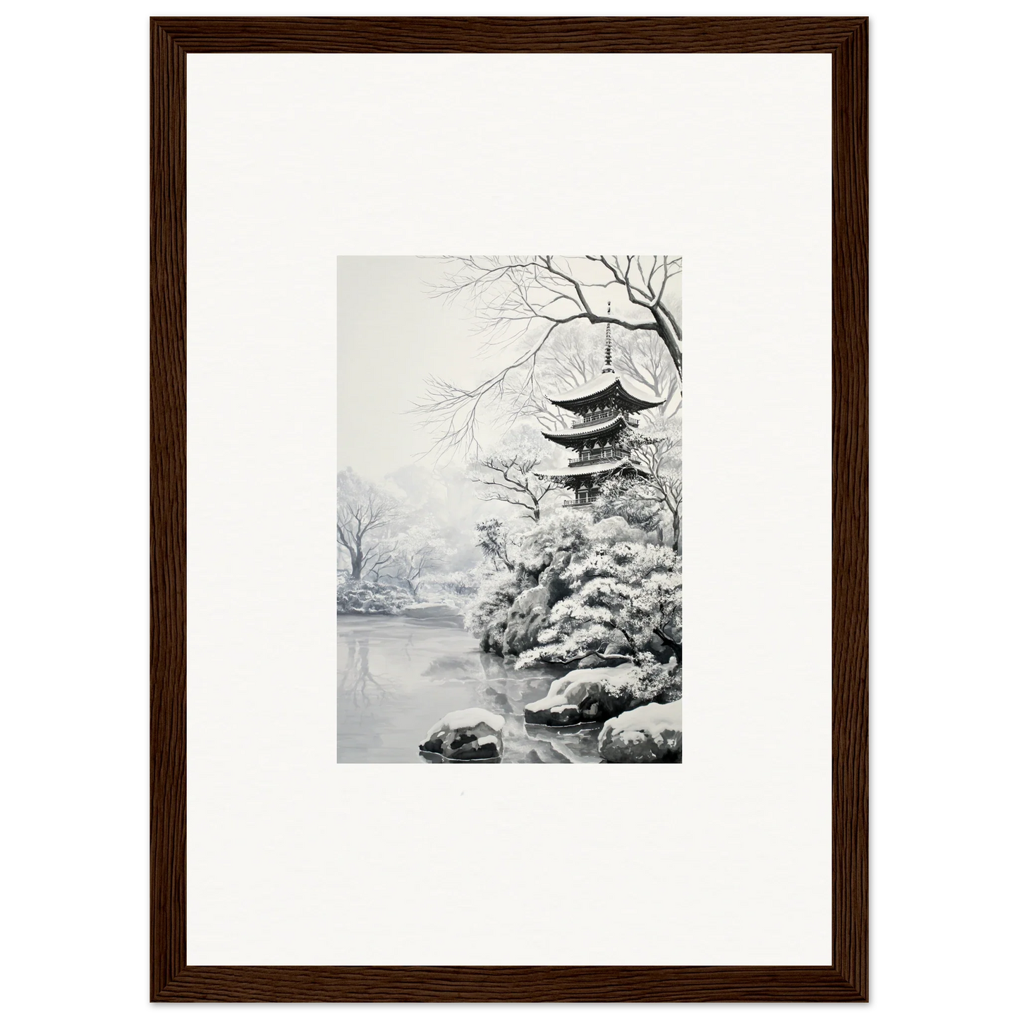 Traditional Japanese pagoda in winter ink wash style for Crystallized Blossom Oasis framed wall art