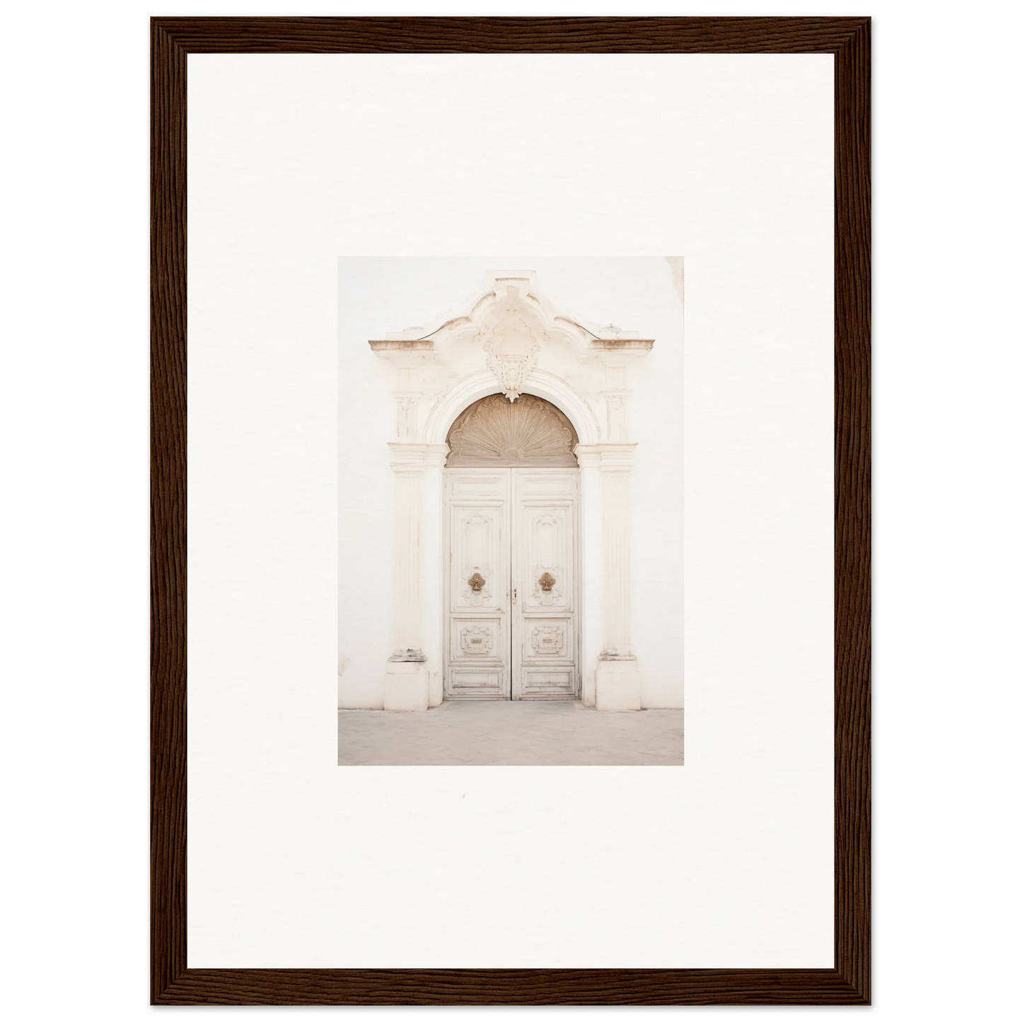 White ornate door with archway in Faded Elegance Whispers framed wall art