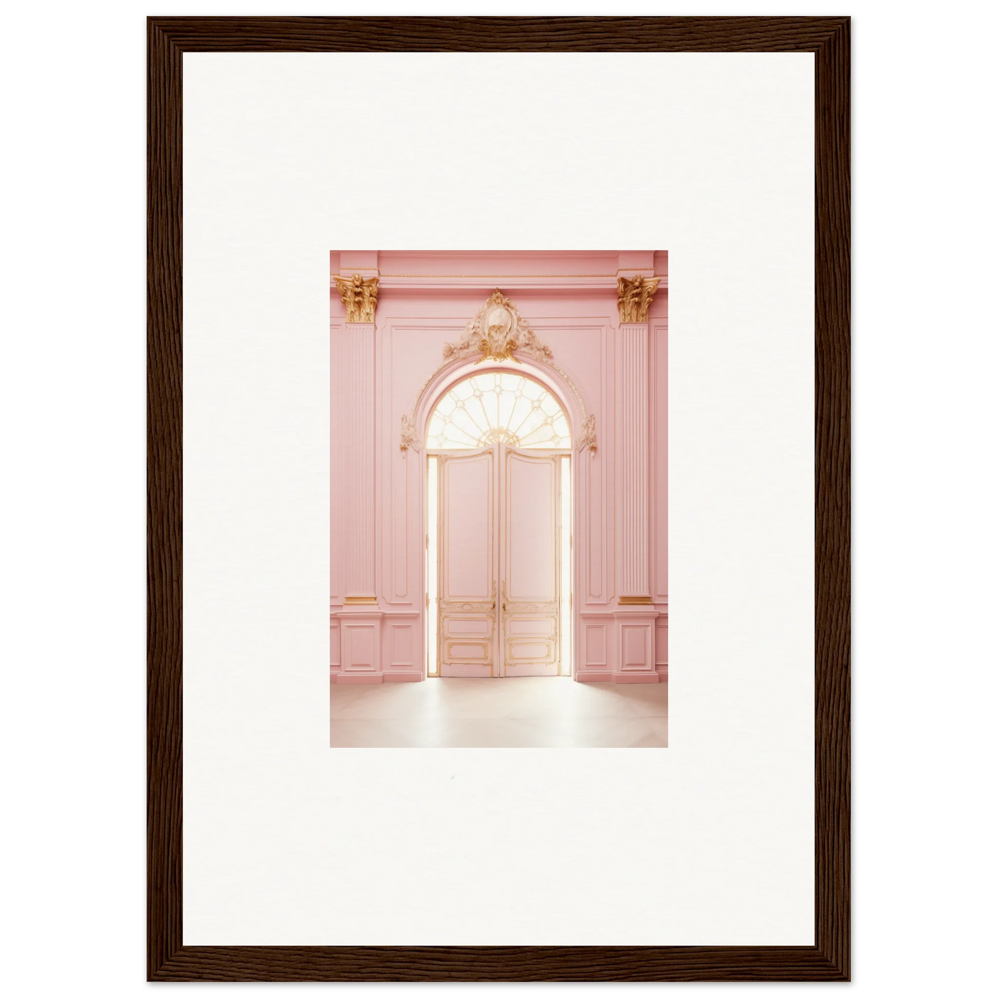 Ornate pink doorway with gold accents, part of the Luminous Dreams Portal wall art
