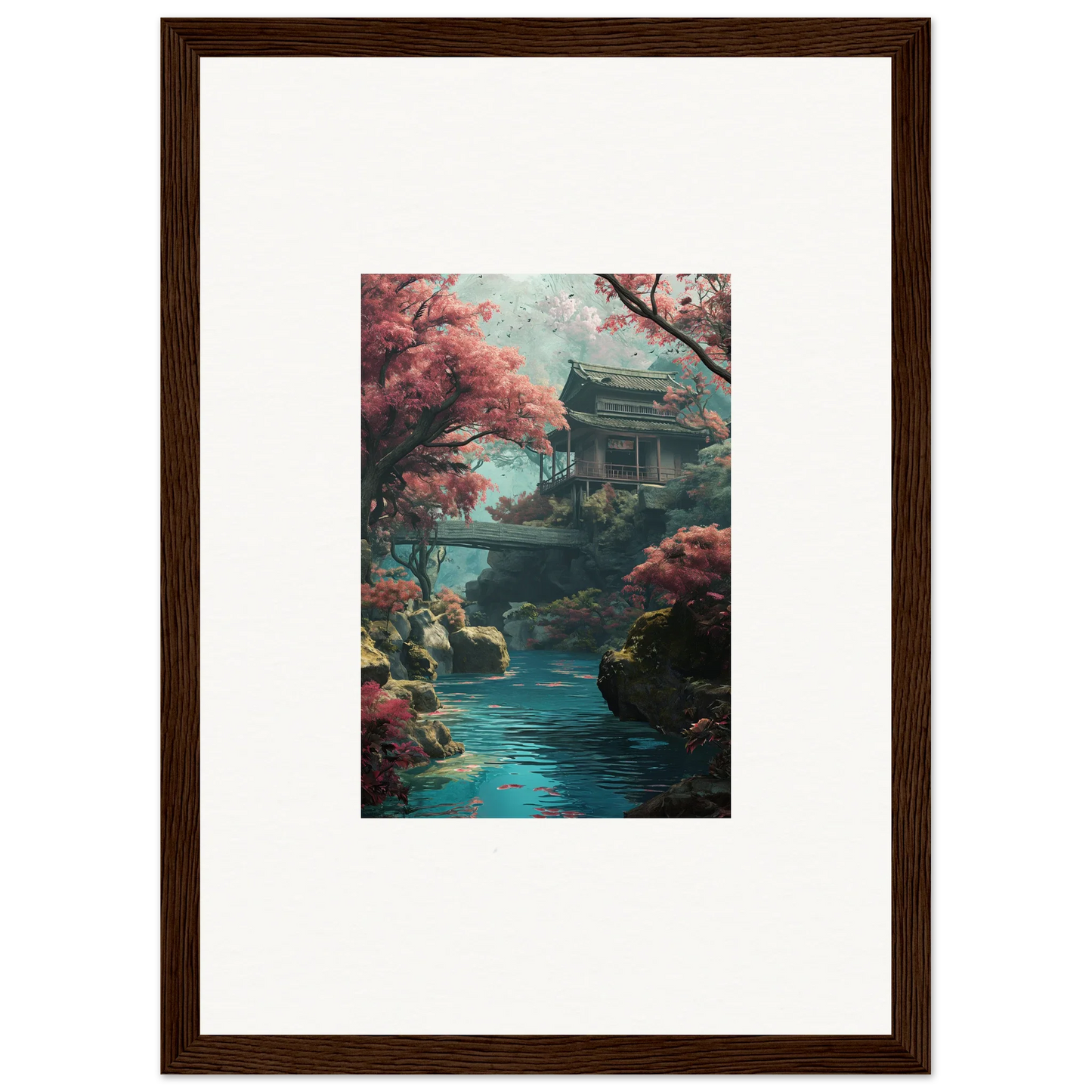 Traditional Japanese pagoda by a turquoise stream and cherry blossoms in Serenity’s Dreamscape