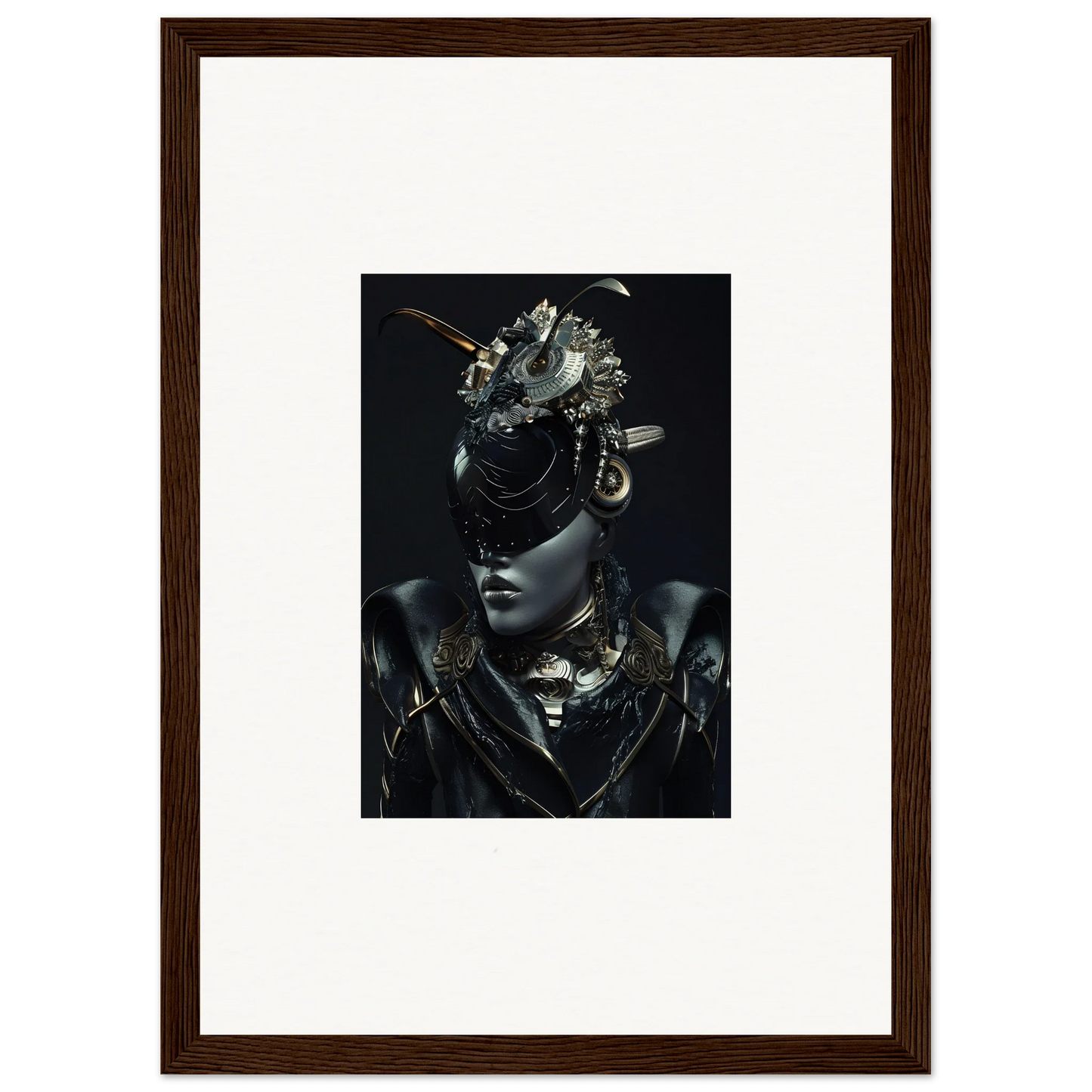 Framed portrait of a person in dark clothing and headdress, perfect for wall art decor