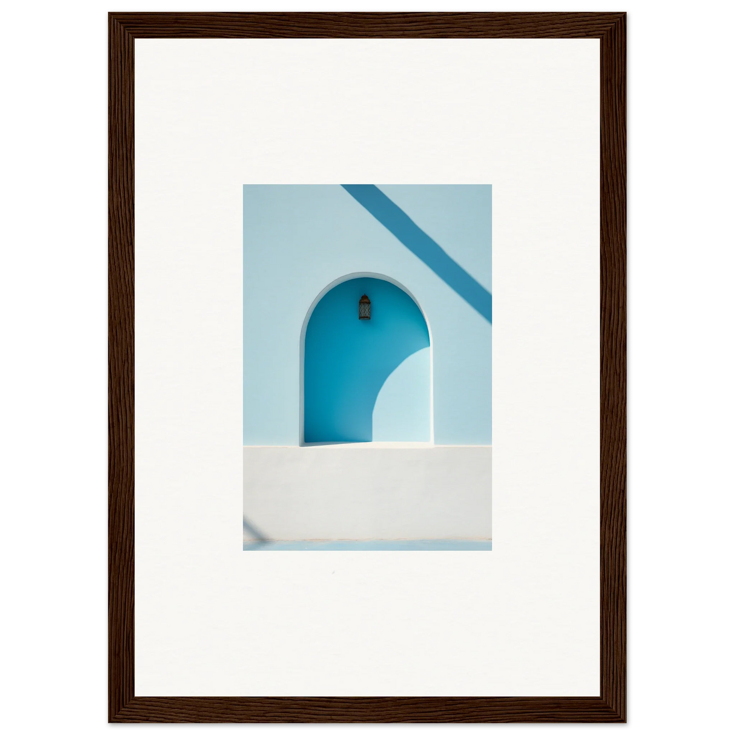 Framed wall art of a blue arched doorway showcasing Elusive Solitude Clarity