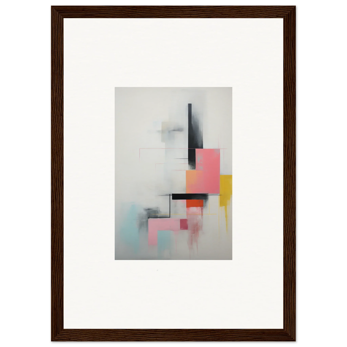 Abstract watercolor painting with geometric shapes in pink, yellow, and gray for Ethereal Chrome Juxtaposition