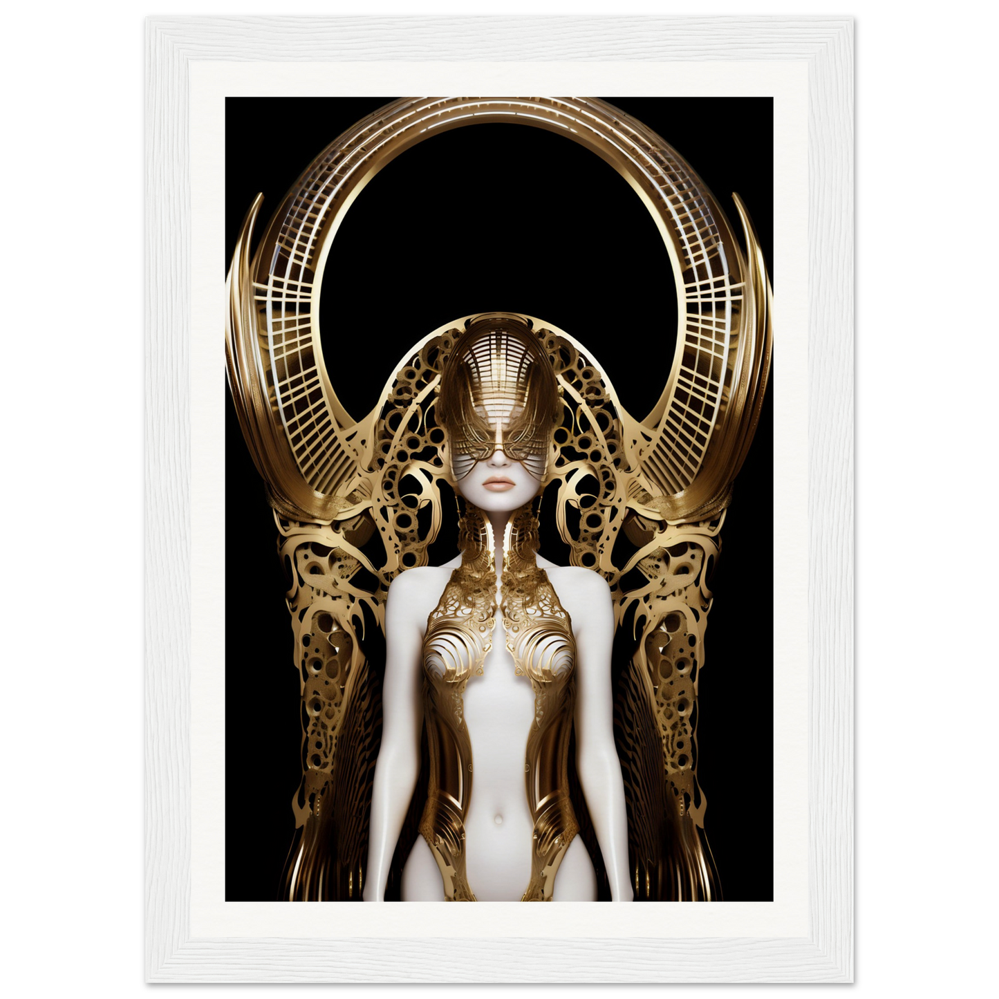 Futuristic female figure with an elaborate golden headdress and ornate metallic body adornments.