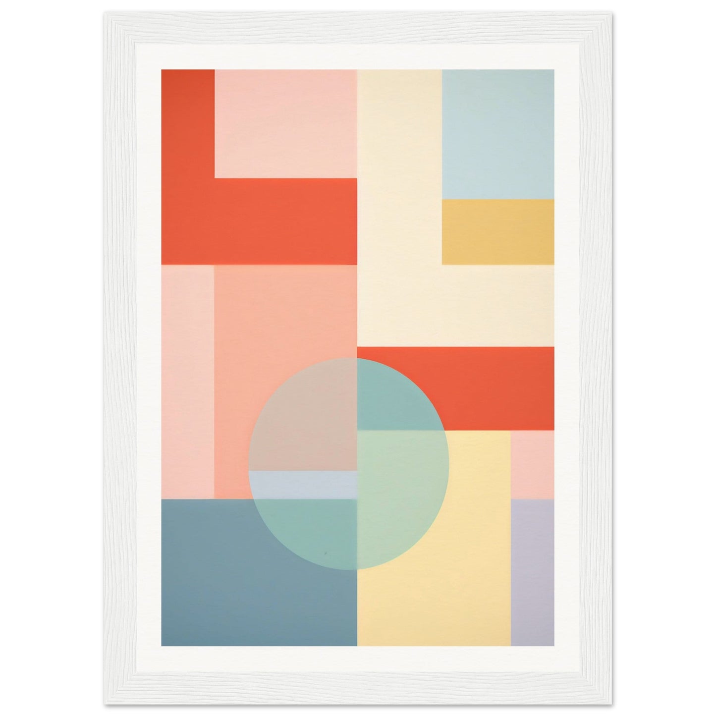 Abstract geometric artwork featuring pastel-colored shapes and blocks in a minimalist composition.