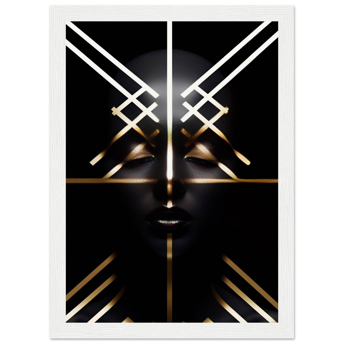 Abstract geometric face composed of glowing white and gold lines against a black background.