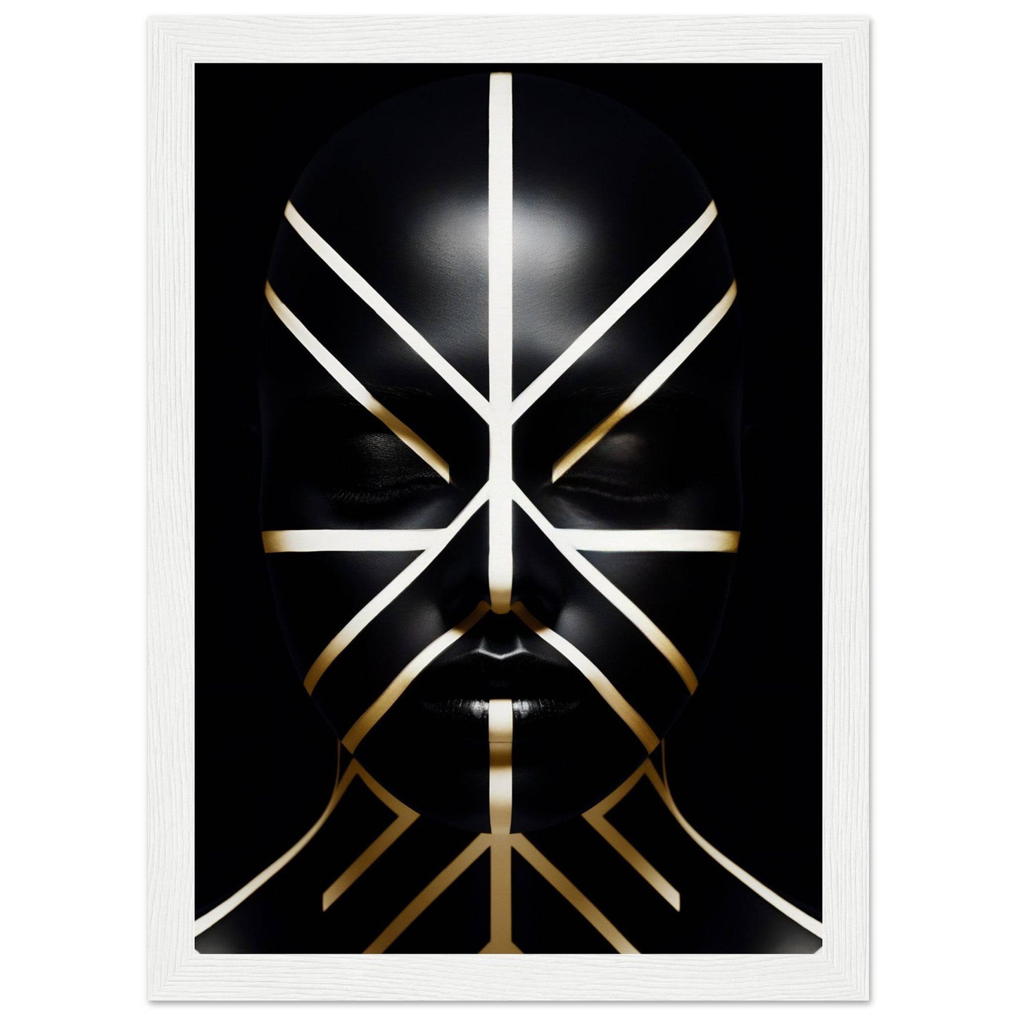 Abstract geometric design resembling a stylized face or mask created with intersecting white and gold lines on a black background.