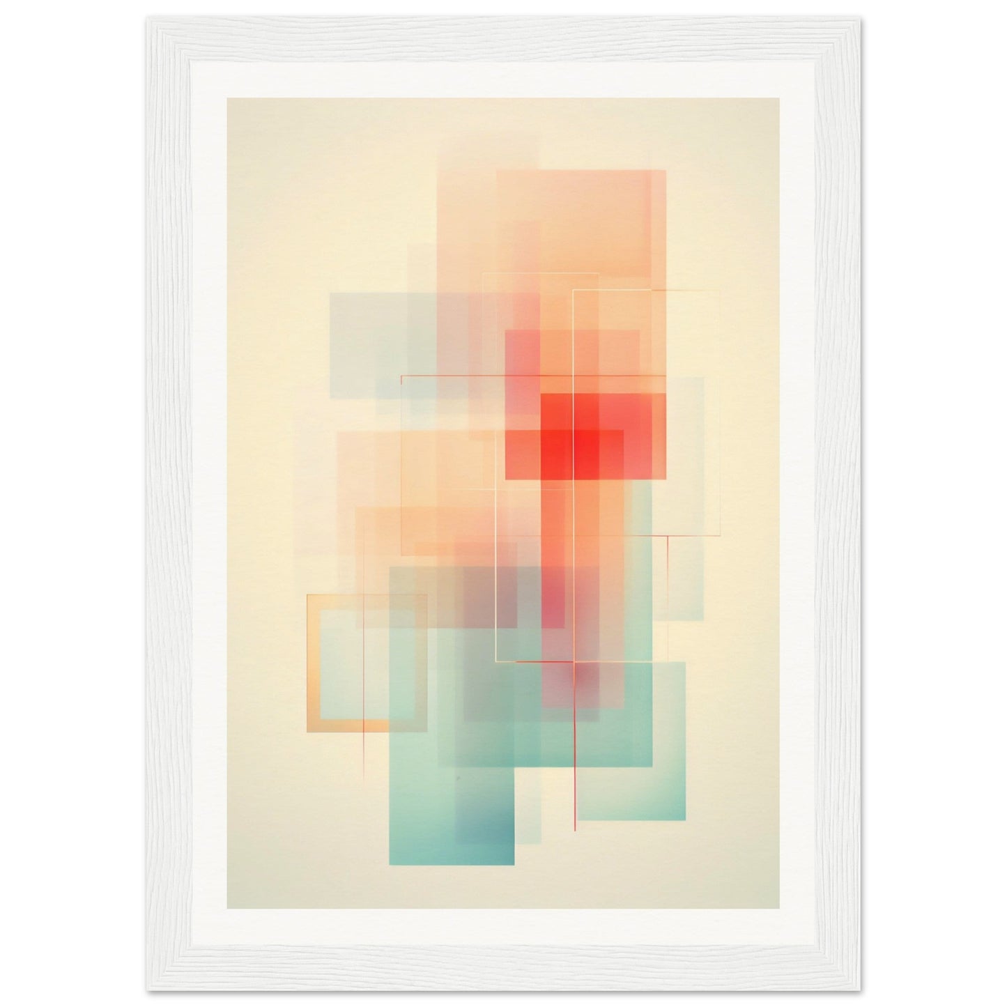 Abstract geometric artwork featuring overlapping translucent rectangles in soft pastel colors.