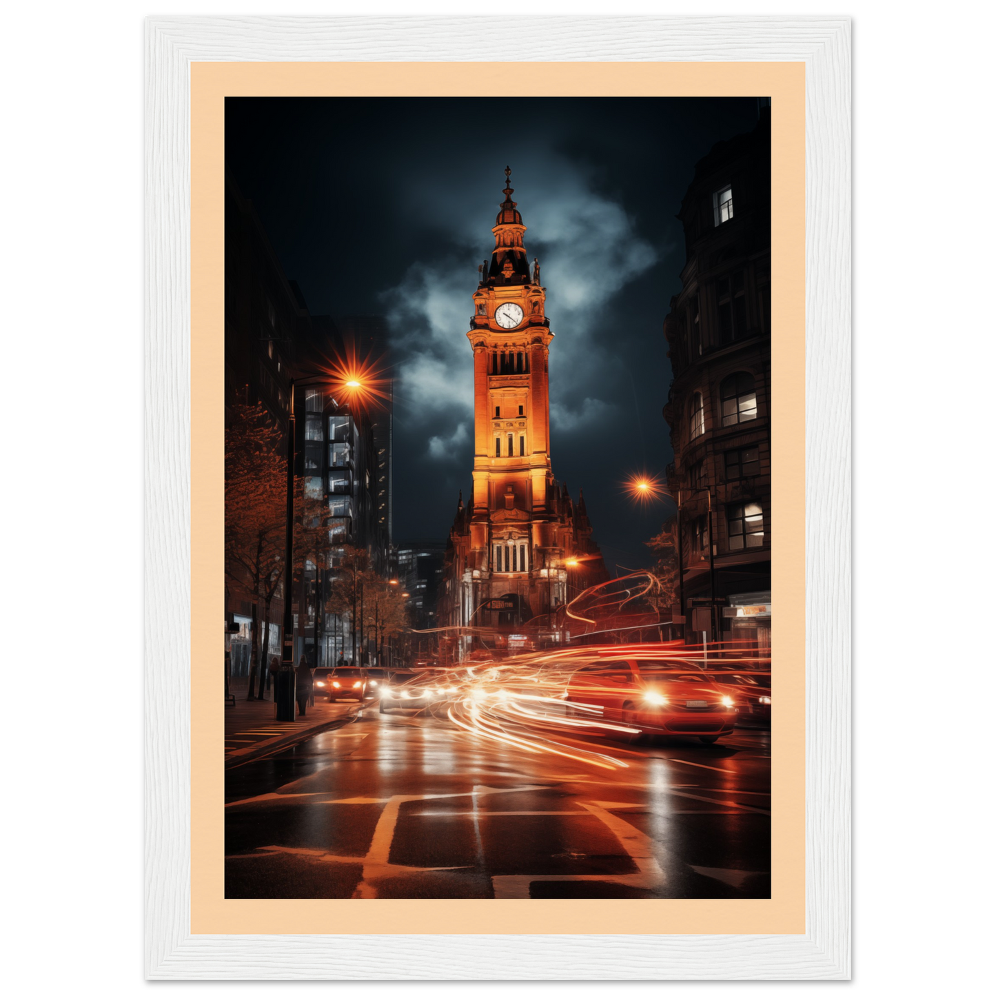 Illuminated clock tower at night with light trails from traffic in the foreground.