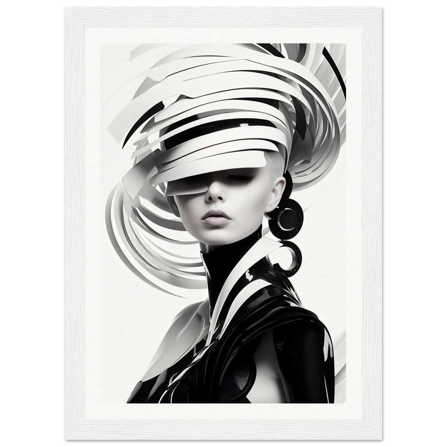Striking black and white portrait of a woman wearing an elaborate swirling hat.