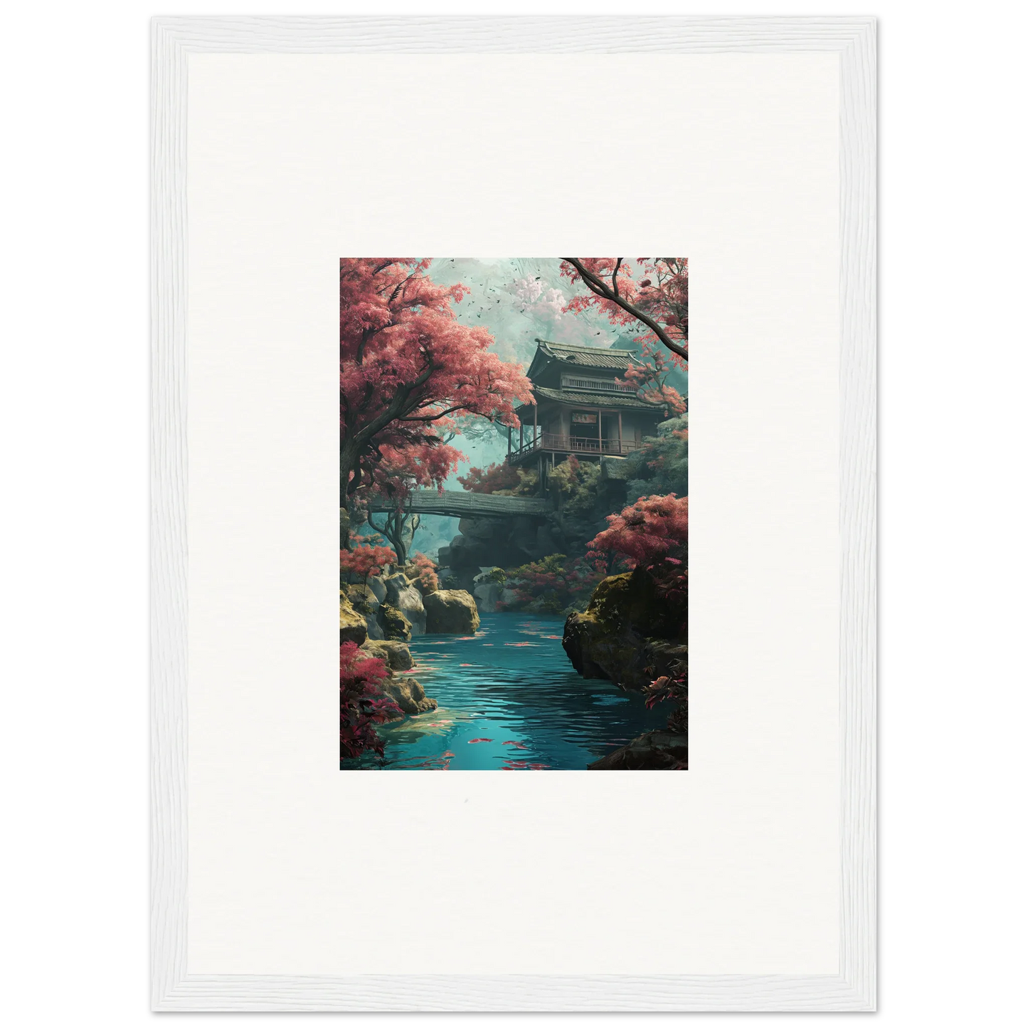 Traditional Japanese pagoda and bridge over turquoise waters in Serenity’s Dreamscape art