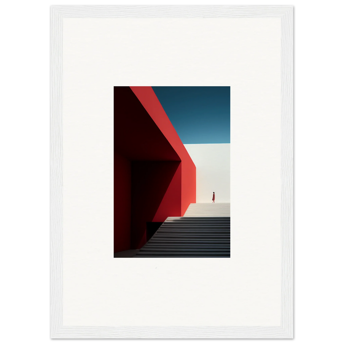 Geometric architectural scene with red walls and stairs in Mesa Quizzes Cascades art