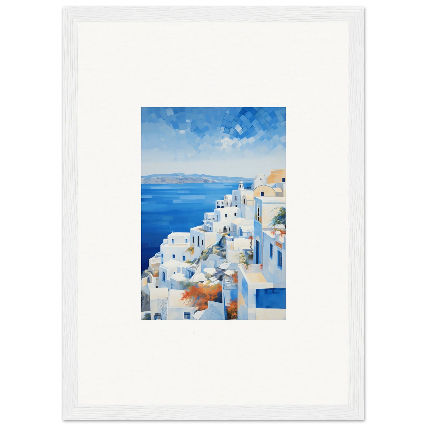 Framed wall art of Ethereal Azure Echoes depicting Santorini’s stunning cliffside buildings