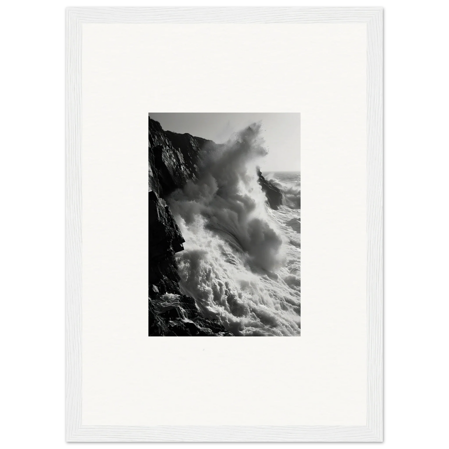 Powerful ocean waves crashing on cliffs in Ephemeral Echoes Surge framed wall art