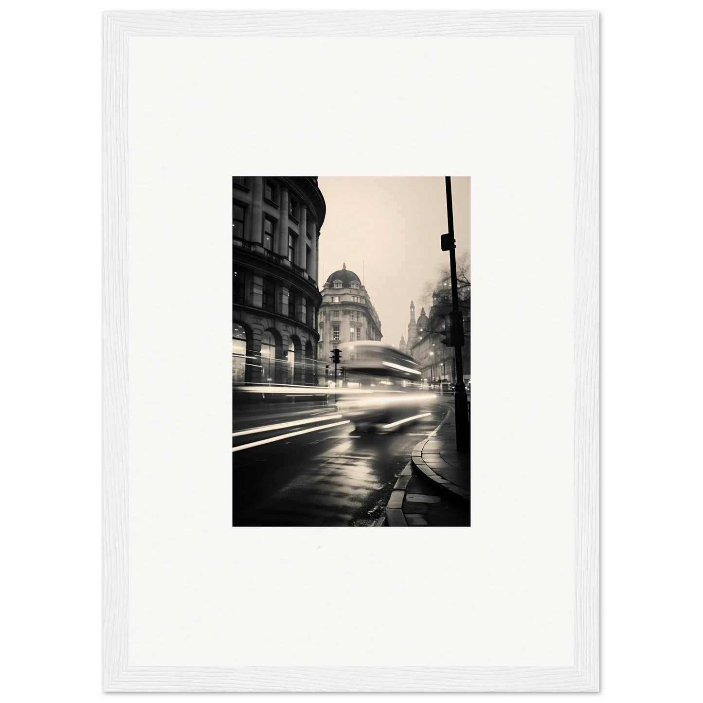 Black and white rainy city street with blurred lights in Ethereal Citypulse Reverie art™