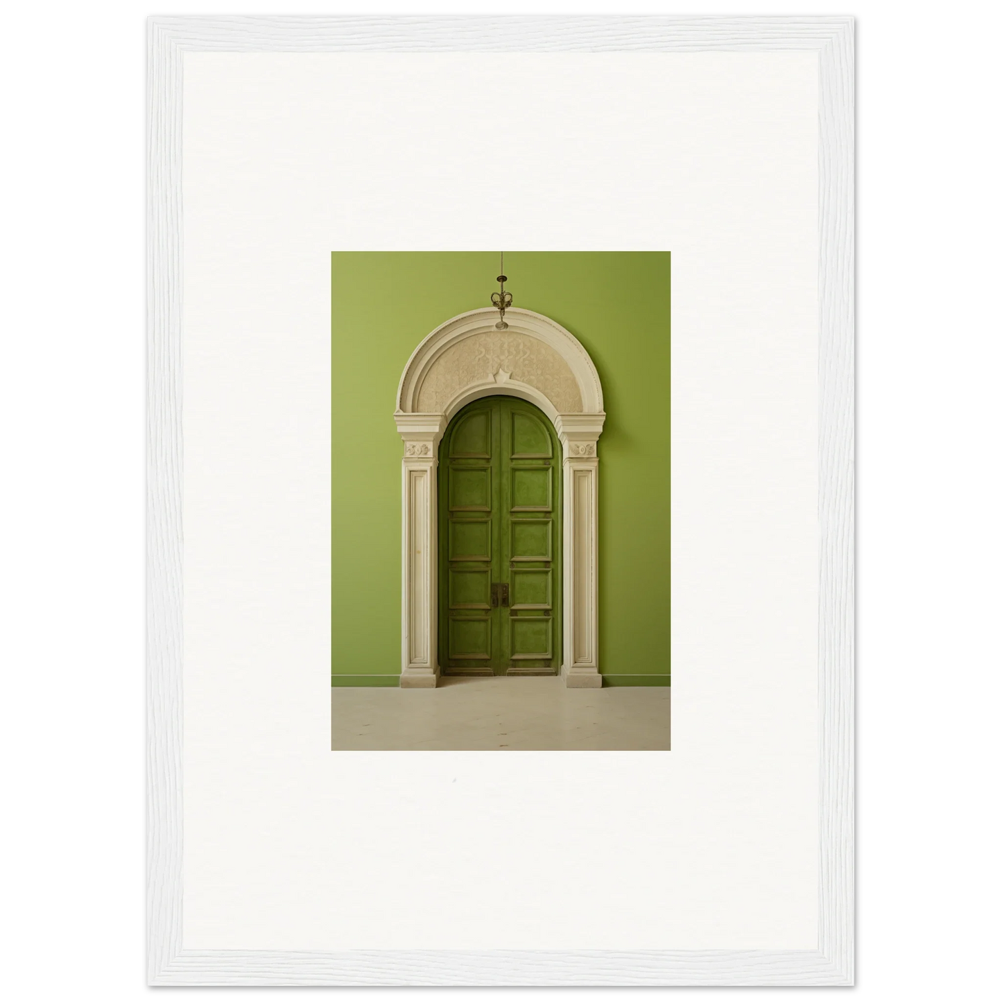 Arched green wooden door with ornate stone trim from the Verdant Luminary Portal art