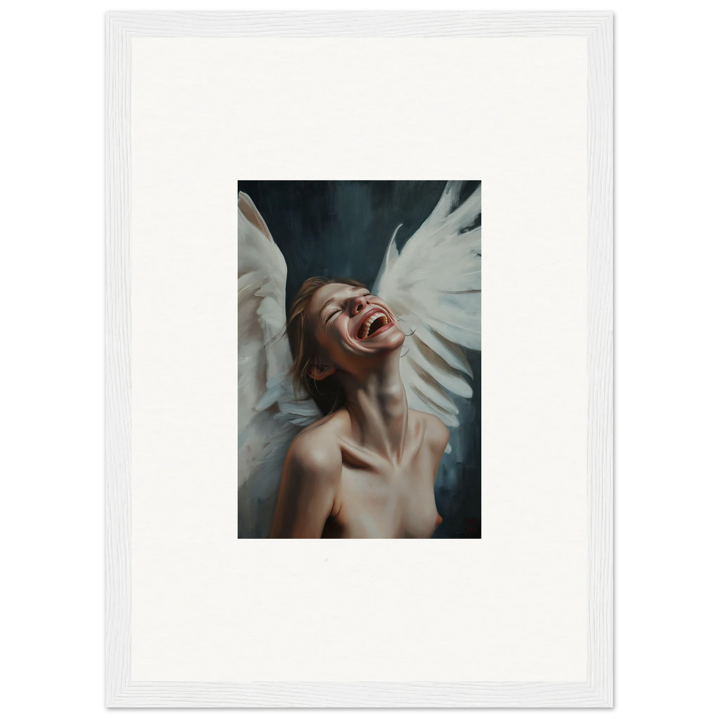 Framed canvas print of a person with white wings, perfect wall art for room decoration