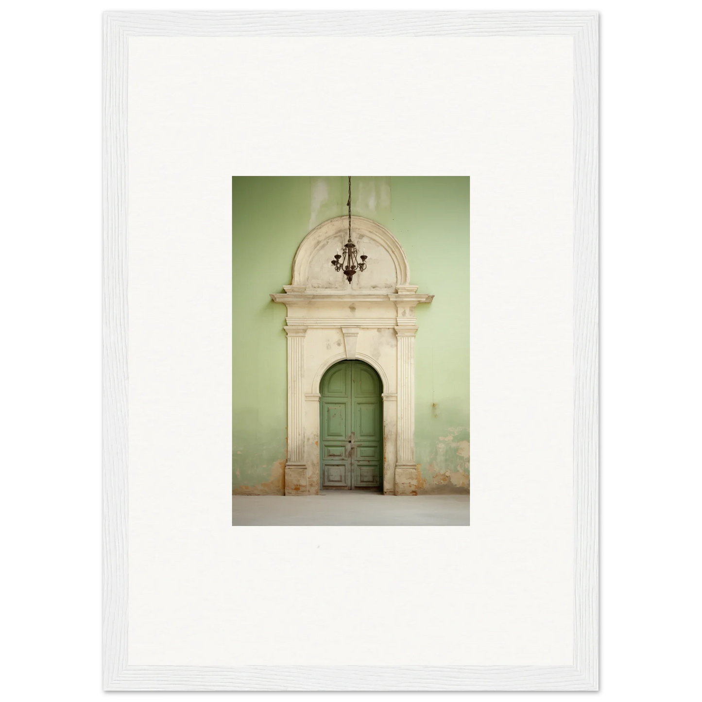 Ornate stone archway with a green wooden door from Thresholds Quiet Whisper special edition art™