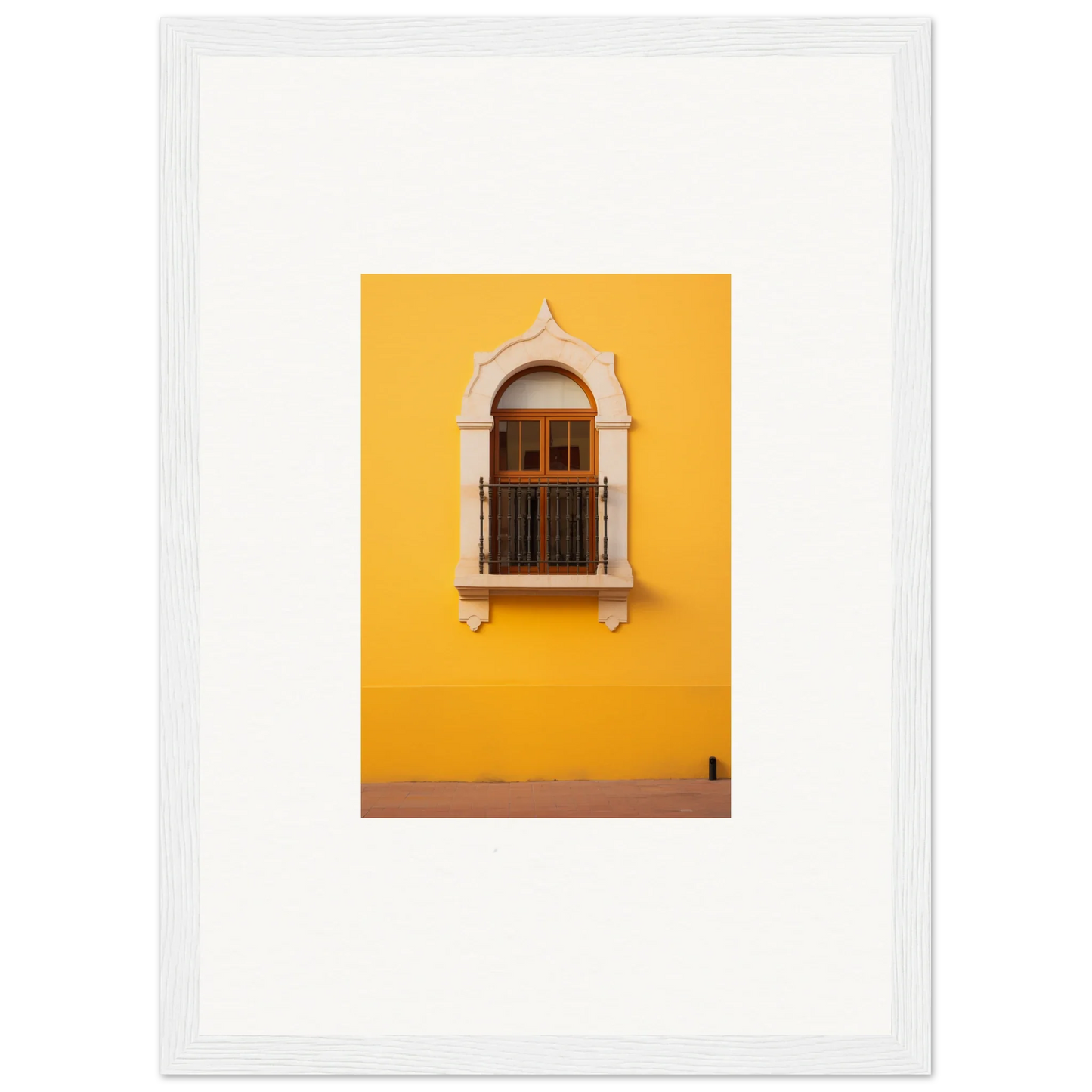 Ornate arched window with wooden shutters on yellow wall from Golden Portal Reverie