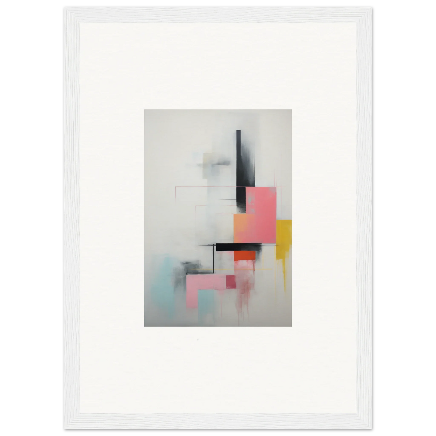Abstract geometric artwork in soft pink, yellow, and black for Ethereal Chrome Juxtaposition
