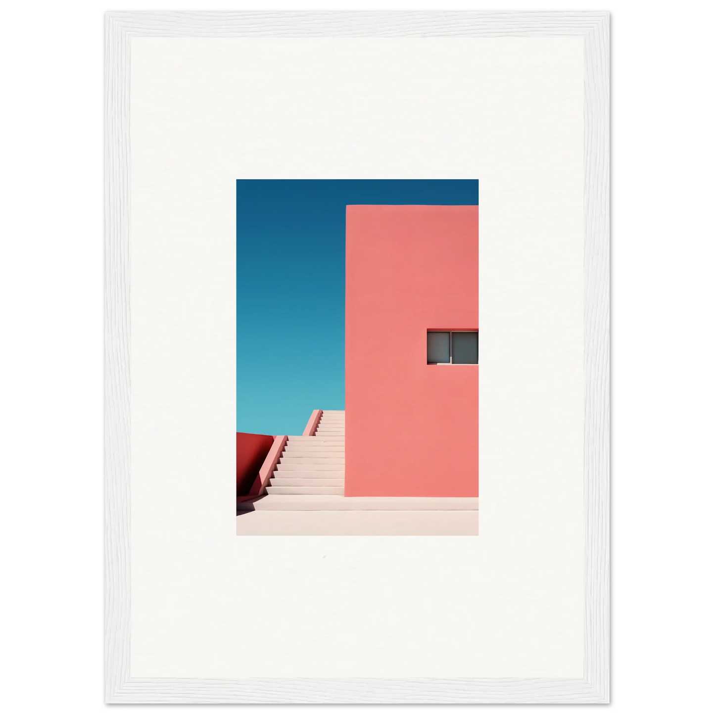 Pink architectural wall with stairs under blue sky in Cerulean Dream Ickles framed wall art