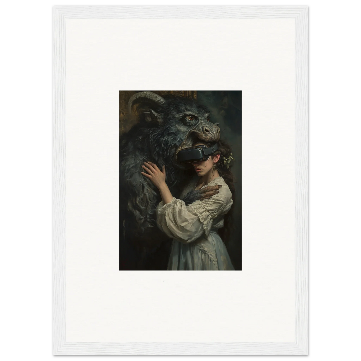 Dark portrait of woman in white dress with black wolf from Love, Reality Monster special edition art™
